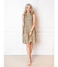 Ming Wang x Tanya Foster Linear Lurex Faux Pleat Soft Knit Mock Neck Sleeveless Dress