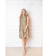 Ming Wang x Tanya Foster Linear Lurex Faux Pleat Soft Knit Mock Neck Sleeveless Dress