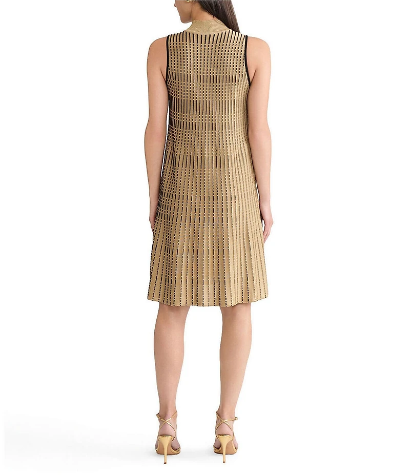 Ming Wang x Tanya Foster Linear Lurex Faux Pleat Soft Knit Mock Neck Sleeveless Dress
