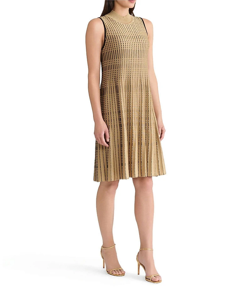 Ming Wang x Tanya Foster Linear Lurex Faux Pleat Soft Knit Mock Neck Sleeveless Dress