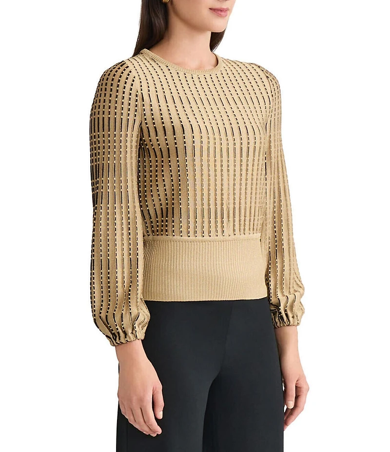 Ming Wang x Tanya Foster Linear Lurex Knit Round Neck Long Balloon Sleeve Top