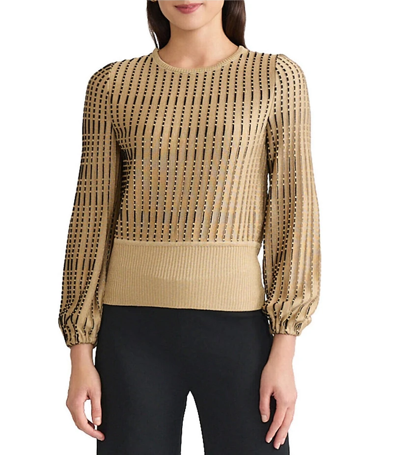 Ming Wang x Tanya Foster Linear Lurex Knit Round Neck Long Balloon Sleeve Top