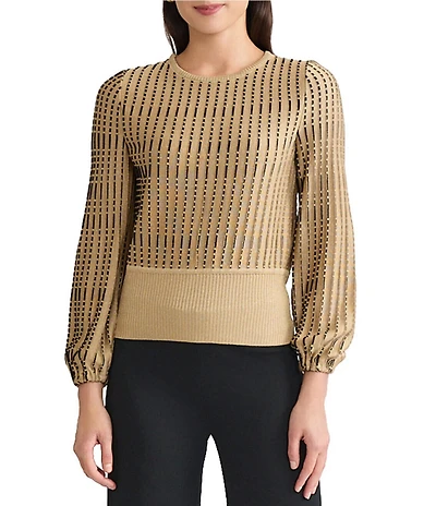 Ming Wang x Tanya Foster Linear Lurex Knit Round Neck Long Balloon Sleeve Top