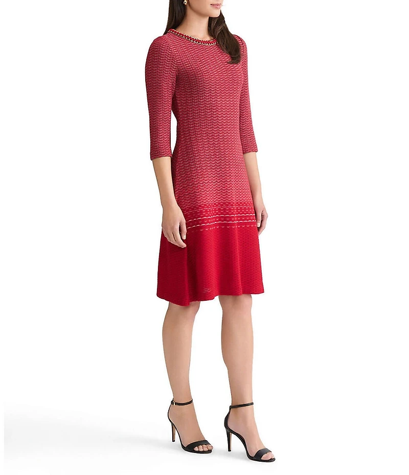 Ming Wang x Tanya Foster Ombre Knit Chain Trim Round Neck 3/4 Sleeve Dress