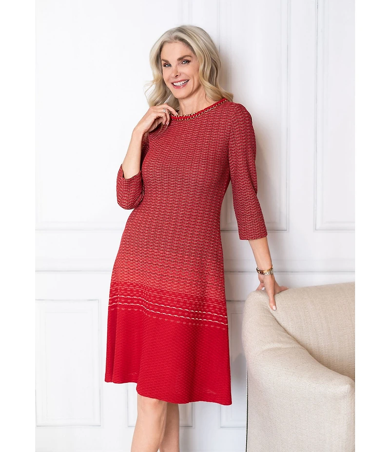 Ming Wang x Tanya Foster Ombre Knit Chain Trim Round Neck 3/4 Sleeve Dress
