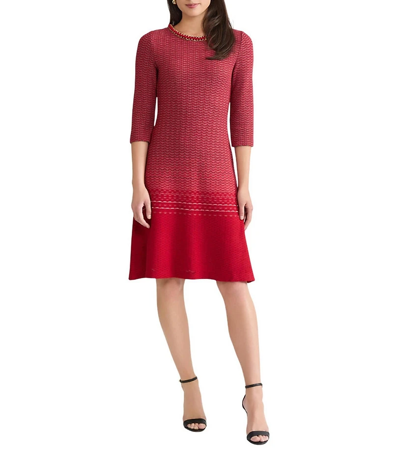 Ming Wang x Tanya Foster Ombre Knit Chain Trim Round Neck 3/4 Sleeve Dress