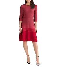 Ming Wang x Tanya Foster Ombre Knit Chain Trim Round Neck 3/4 Sleeve Dress