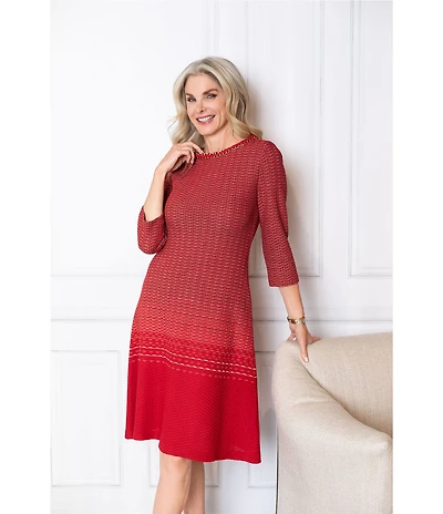 Ming Wang x Tanya Foster Petite Size Ombre Knit Chain Trim Round Neck 3/4 Sleeve Dress