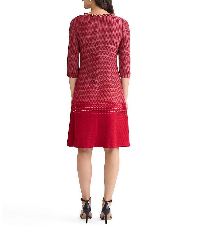 Ming Wang x Tanya Foster Petite Size Ombre Knit Chain Trim Round Neck 3/4 Sleeve Dress