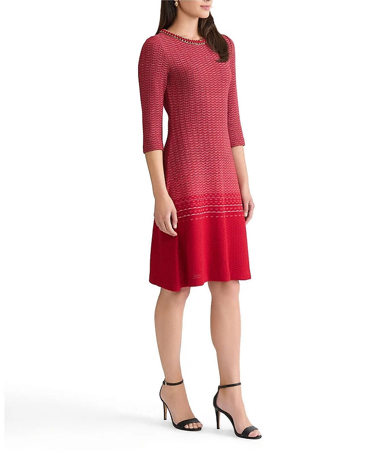 Ming Wang x Tanya Foster Petite Size Ombre Knit Chain Trim Round Neck 3/4 Sleeve Dress