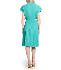 Ming Wang x Tanya Foster Ribbed Knit V-Neck Short Sleeve Fit-And-Flare Dress