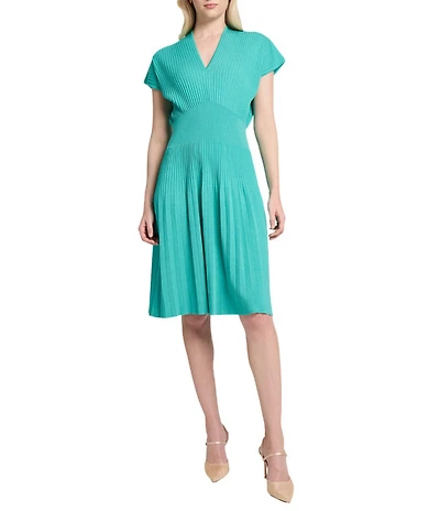 Ming Wang x Tanya Foster Ribbed Knit V-Neck Short Sleeve Fit-And-Flare Dress