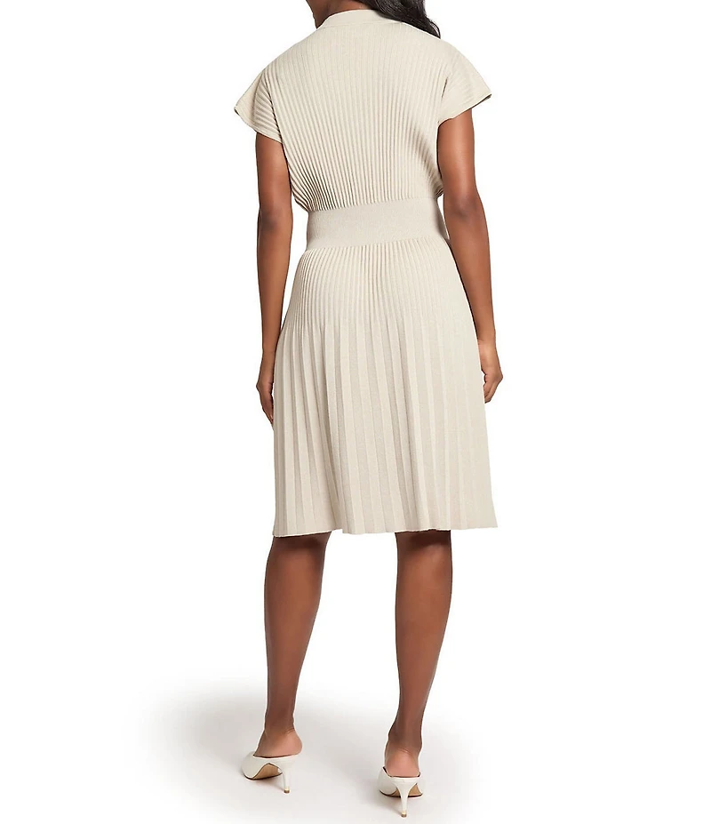 Ming Wang x Tanya Foster Ribbed Knit V-Neck Short Sleeve Fit-And-Flare Dress