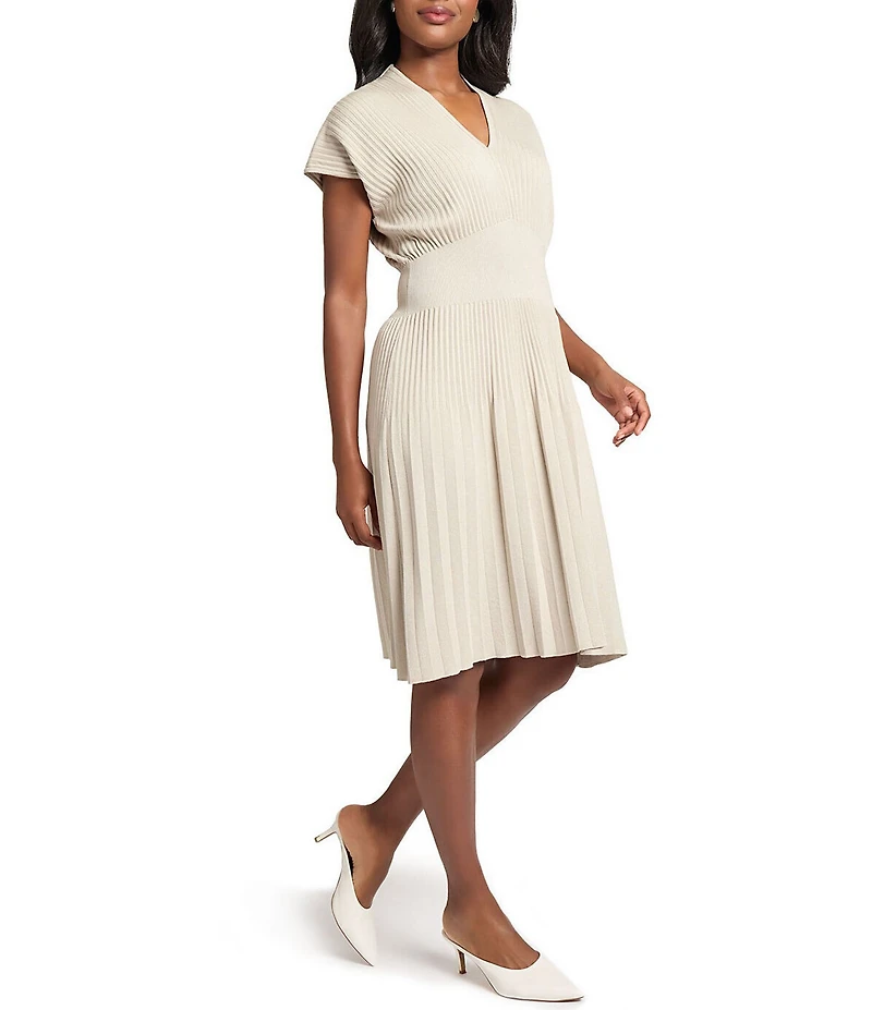 Ming Wang x Tanya Foster Ribbed Knit V-Neck Short Sleeve Fit-And-Flare Dress
