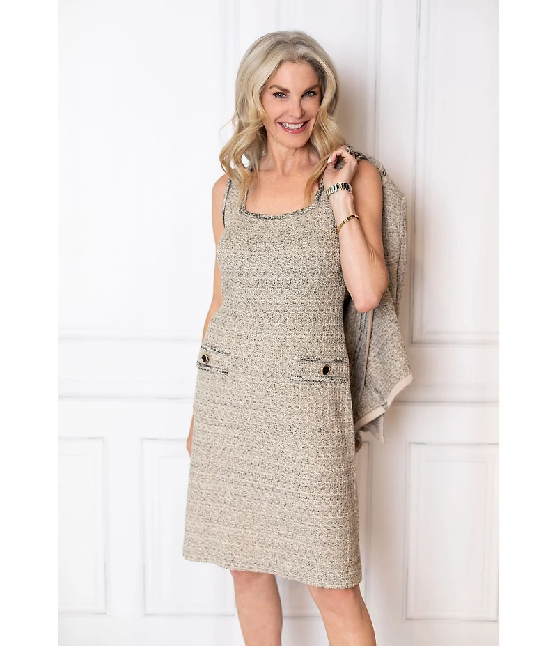 Ming Wang x Tanya Foster Shimmer Tweed Knit Square Neck Sleeveless A-Line Dress