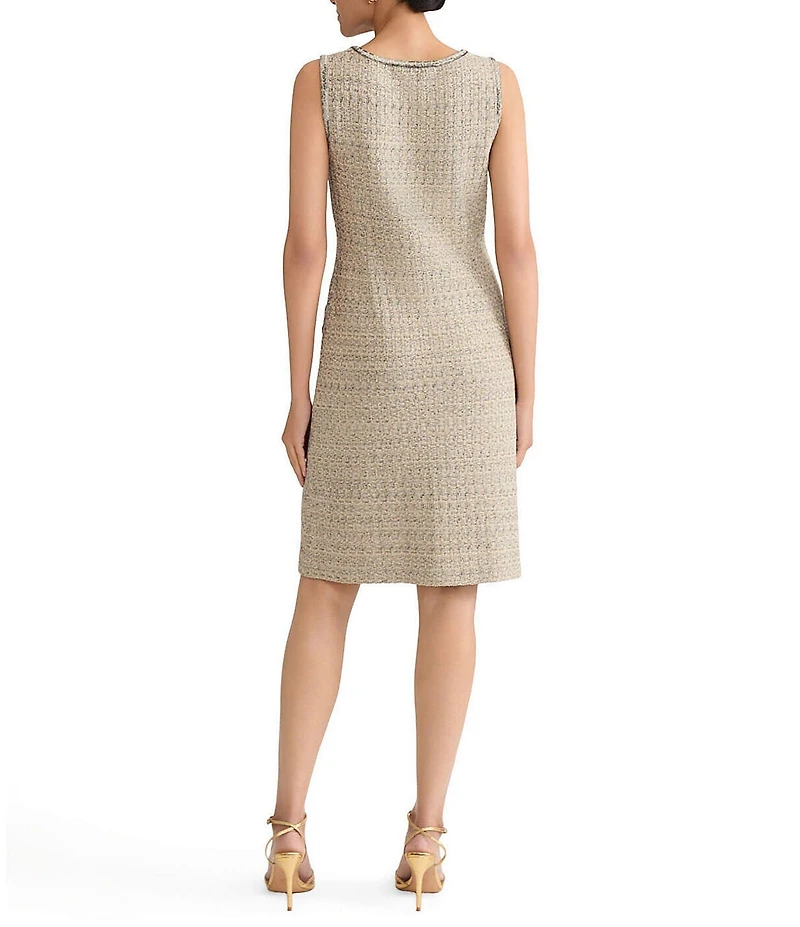 Ming Wang x Tanya Foster Shimmer Tweed Knit Square Neck Sleeveless A-Line Dress