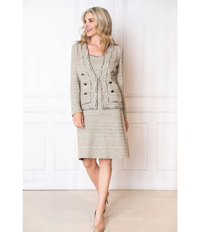 Ming Wang x Tanya Foster Shimmer Tweed Knit Square Neck Sleeveless A-Line Dress