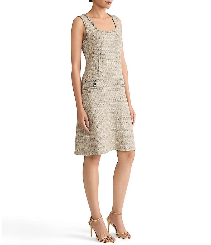 Ming Wang x Tanya Foster Shimmer Tweed Knit Square Neck Sleeveless A-Line Dress
