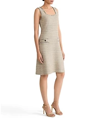 Ming Wang x Tanya Foster Shimmer Tweed Knit Square Neck Sleeveless A-Line Dress