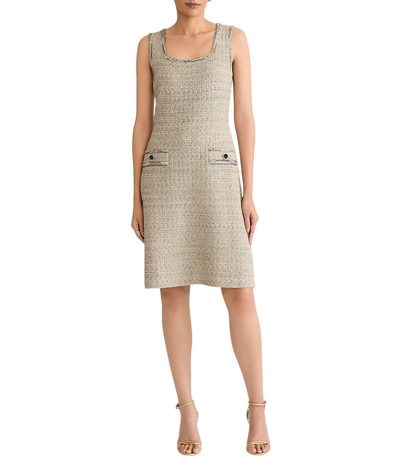 Ming Wang x Tanya Foster Shimmer Tweed Knit Square Neck Sleeveless A-Line Dress