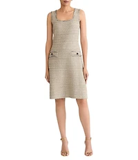 Ming Wang x Tanya Foster Shimmer Tweed Knit Square Neck Sleeveless A-Line Dress