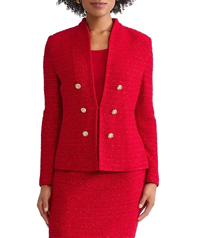 Ming Wang x Tanya Foster Tailored Tonal Eyelash Tweed Knit Long Sleeve Jacket