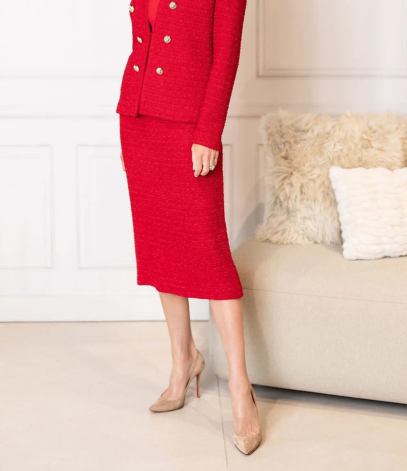 Ming Wang x Tanya Foster Tonal Eyelash Tweed Knit Midi Pencil Skirt