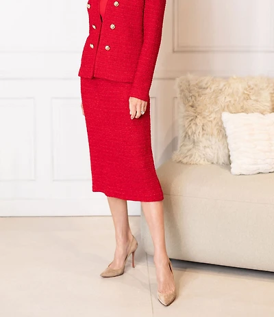 Ming Wang x Tanya Foster Tonal Eyelash Tweed Knit Midi Pencil Skirt