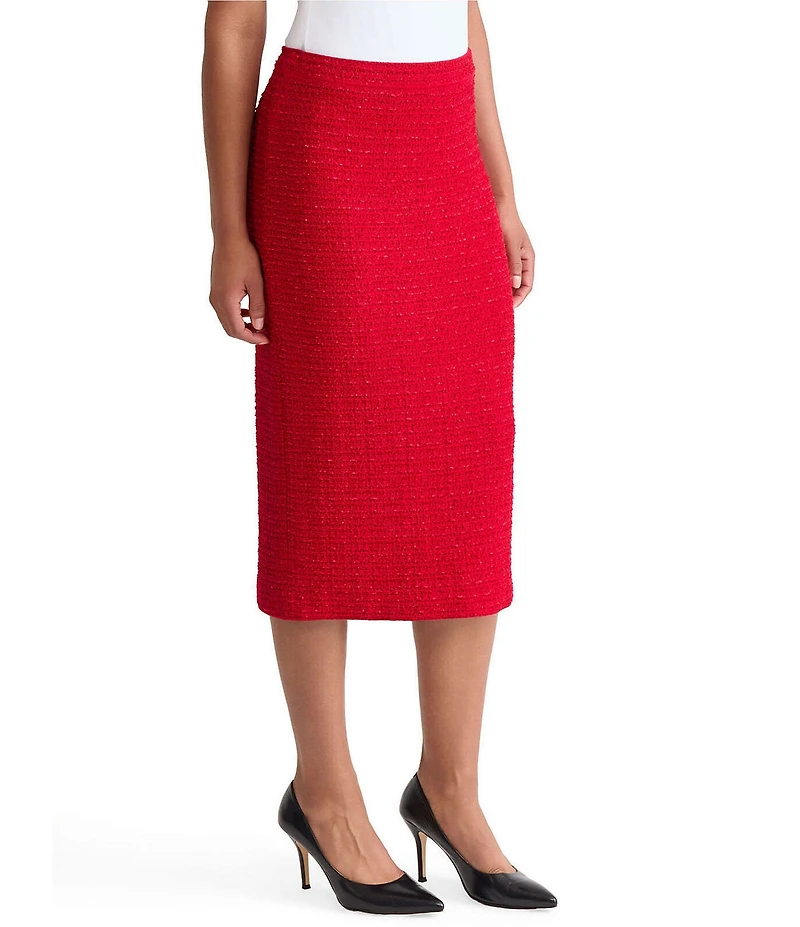 Ming Wang x Tanya Foster Tonal Eyelash Tweed Knit Midi Pencil Skirt