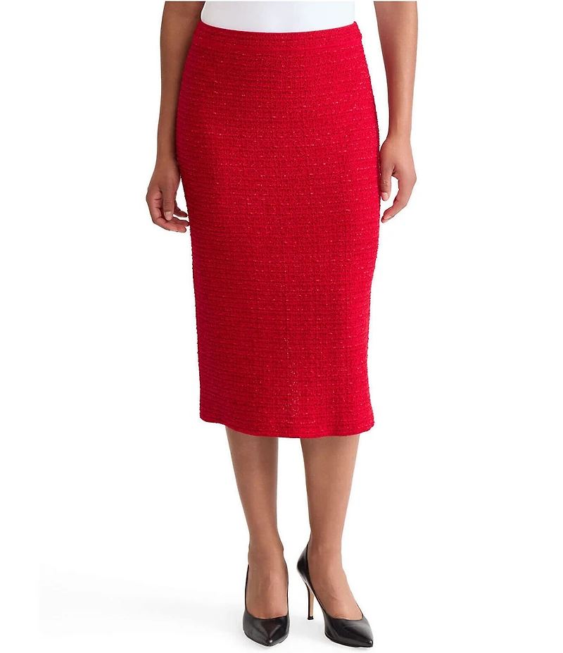 Ming Wang x Tanya Foster Tonal Eyelash Tweed Knit Midi Pencil Skirt