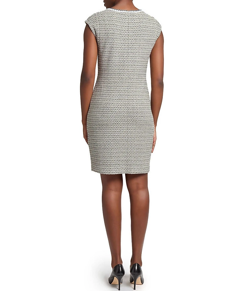 Ming Wang x Tanya Foster Tweed Knit Round Neck Cap Sleeve Sheath Dress