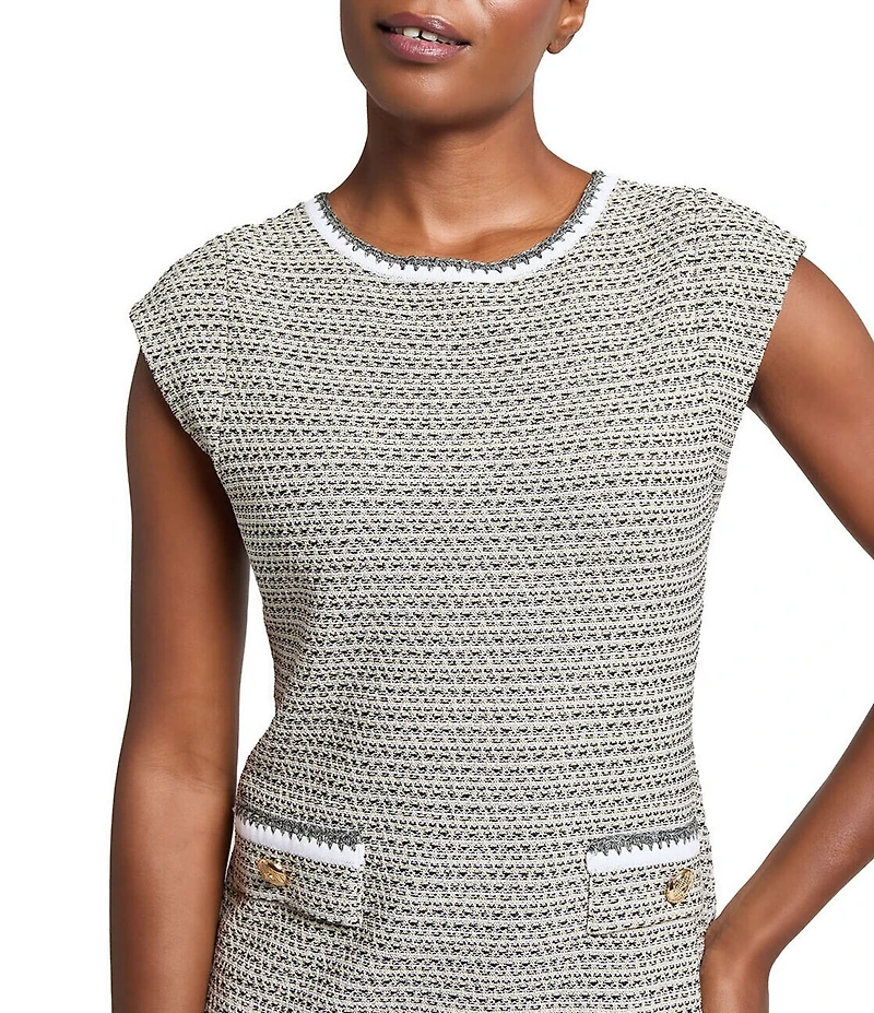 Ming Wang x Tanya Foster Tweed Knit Round Neck Cap Sleeve Sheath Dress