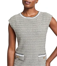 Ming Wang x Tanya Foster Tweed Knit Round Neck Cap Sleeve Sheath Dress