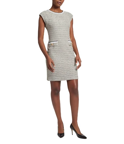 Ming Wang x Tanya Foster Tweed Knit Round Neck Cap Sleeve Sheath Dress