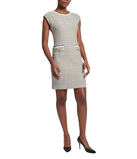 Ming Wang x Tanya Foster Tweed Knit Round Neck Cap Sleeve Sheath Dress