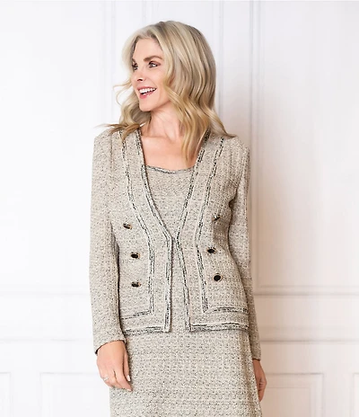 Ming Wang x Tanya Foster Tweed Knit V-Neck Long Sleeve Double Breasted Jacket