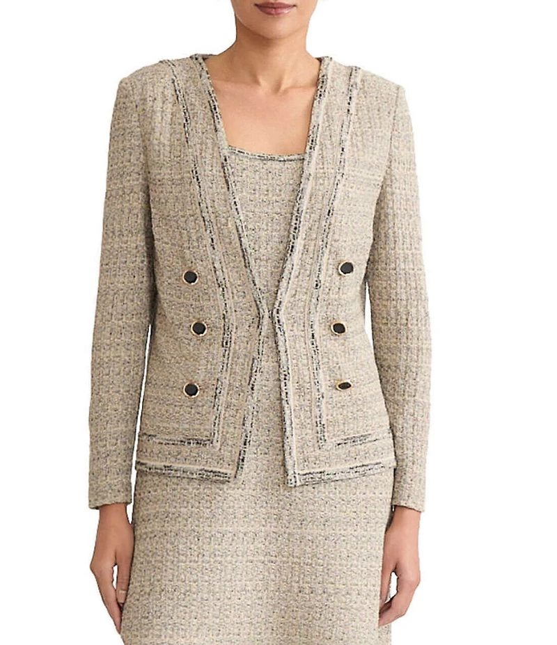 Ming Wang x Tanya Foster Tweed Knit V-Neck Long Sleeve Double Breasted Jacket