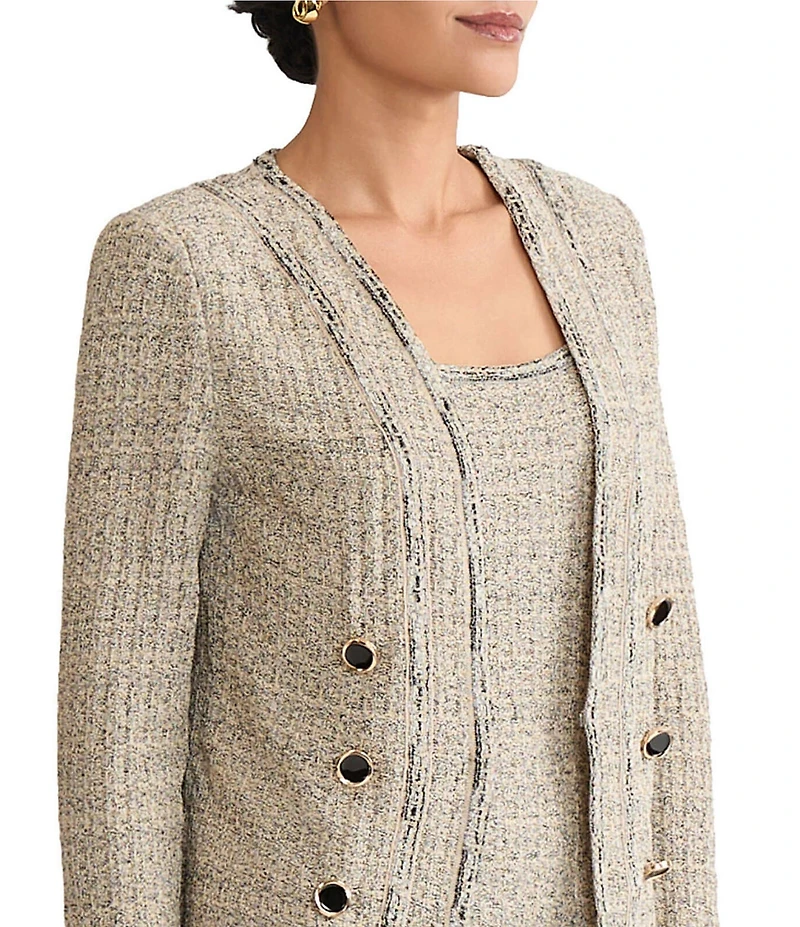 Ming Wang x Tanya Foster Tweed Knit V-Neck Long Sleeve Double Breasted Jacket