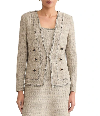 Ming Wang x Tanya Foster Tweed Knit V-Neck Long Sleeve Double Breasted Jacket