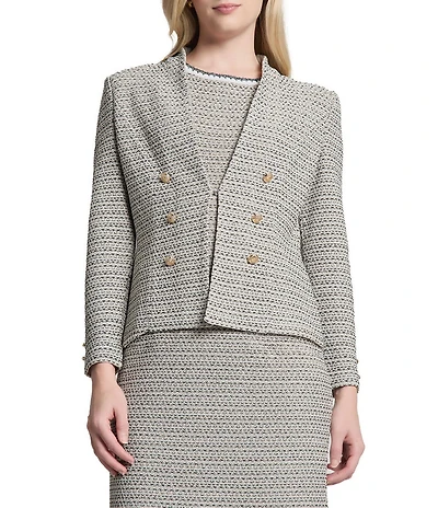 Ming Wang x Tanya Foster Tweed Knit V-Neck Long Sleeve Hook Front Jacket