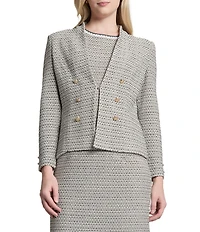 Ming Wang x Tanya Foster Tweed Knit V-Neck Long Sleeve Hook Front Jacket