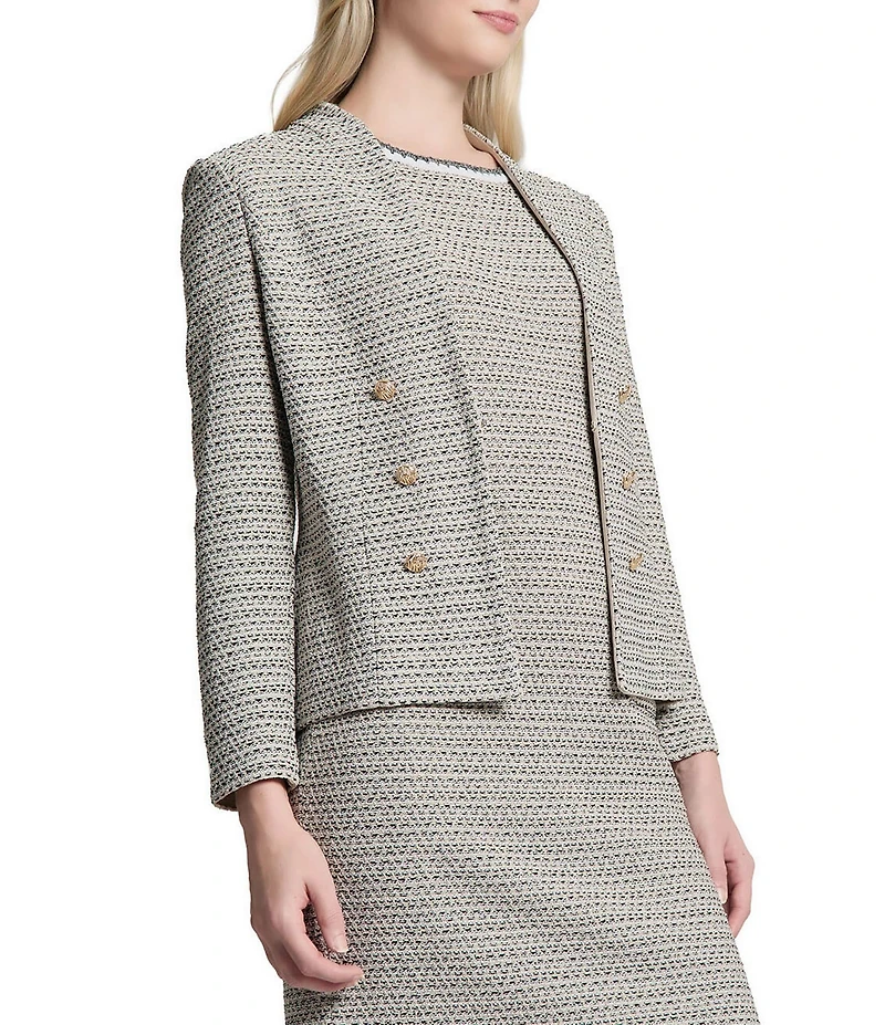 Ming Wang x Tanya Foster Tweed Knit V-Neck Long Sleeve Hook Front Jacket