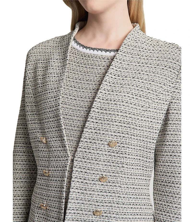 Ming Wang x Tanya Foster Tweed Knit V-Neck Long Sleeve Hook Front Jacket