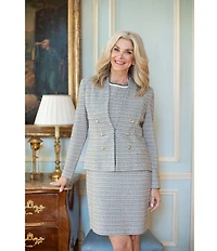 Ming Wang x Tanya Foster Tweed Knit V-Neck Long Sleeve Hook Front Jacket