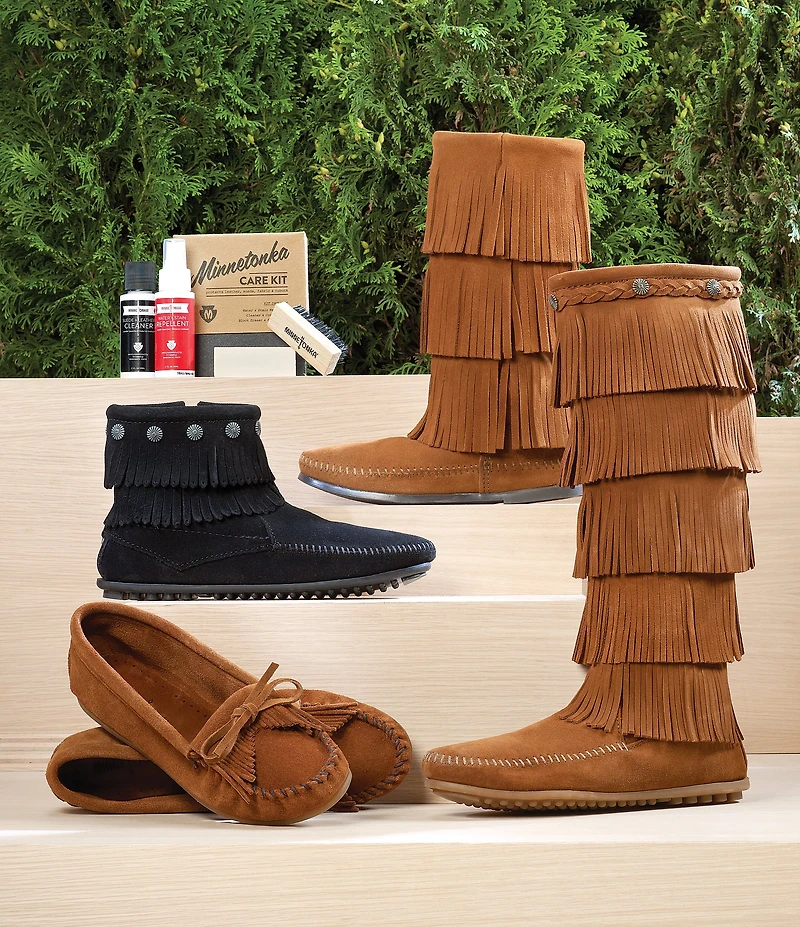 Minnetonka 5-Layer Fringe Braid Ornamented Suede Boots