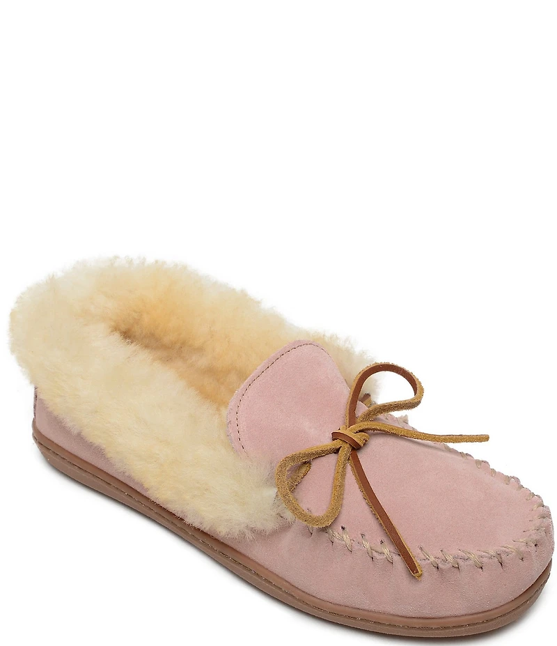 Minnetonka Alpine Bow Detail Suede Sheepskin Slippers