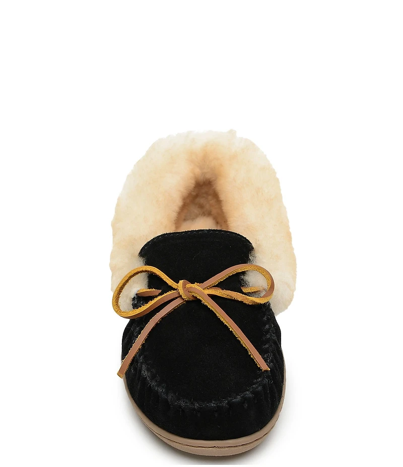 Minnetonka Alpine Bow Detail Suede Sheepskin Slippers