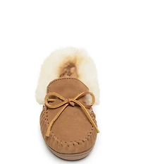 Minnetonka Alpine Bow Detail Suede Sheepskin Slippers