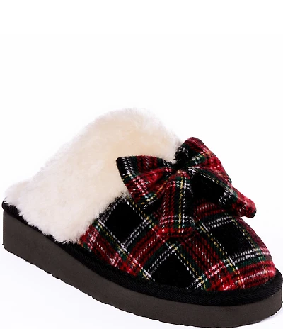 Minnetonka Bow Scuff Faux Fur Lined Tartan Plaid Mule Slippers