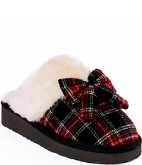 Minnetonka Bow Scuff Faux Fur Lined Tartan Plaid Mule Slippers